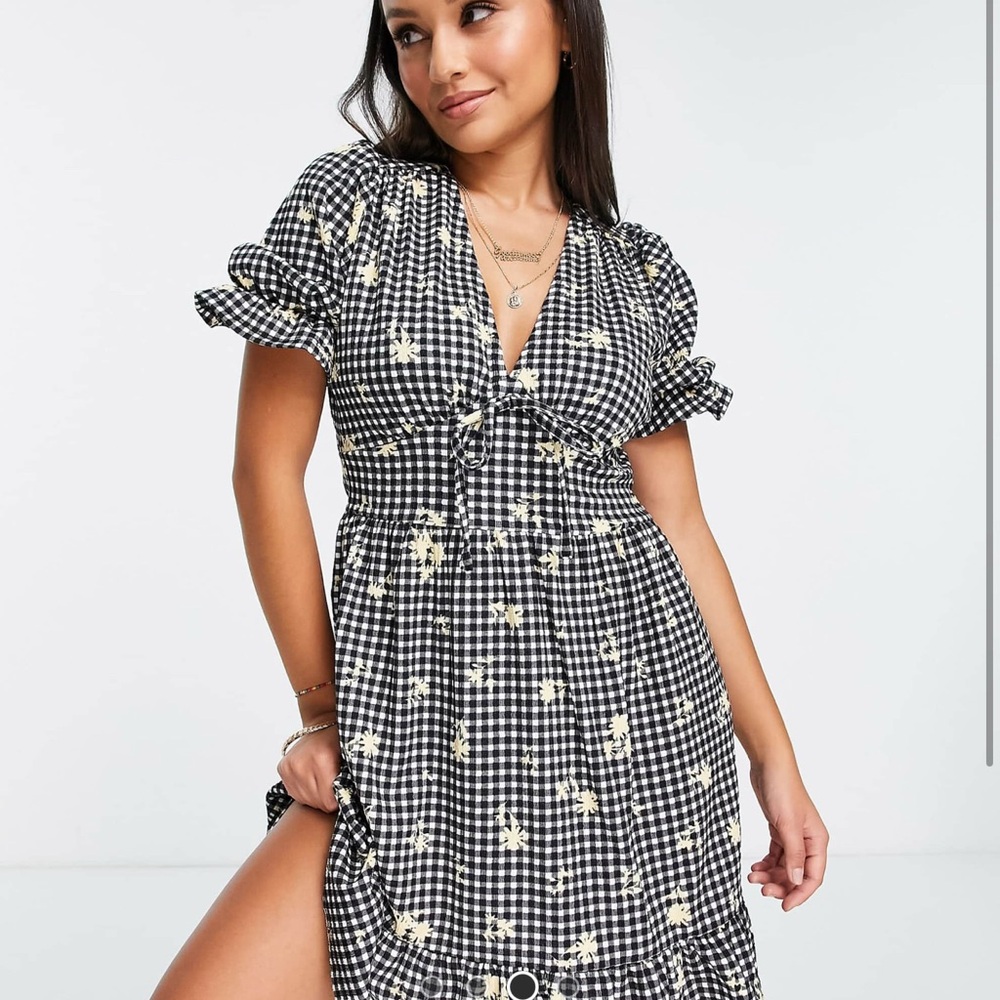 ASOS Black and White Gingham Mini Dress with Yellow Floral Details